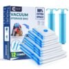 ECALZA Vacuum Storage Bags - Pack of 12 (2Jumbo/4 Large/4 Medium/2 Pumps) Re-usable Travel Compression Storage Bags For Clothes, Comforters & Blankets - Space Saver Bags with Hand Pump