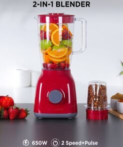 Olsenmark 2-In-1 Juicer Blender Chopper Set 1.8 L OMSB2362N, 650W Powerful Motor With 2 Speed Setting And Pulse, Transparent And Unbreakable Jars With Stainless Steel Blade, Grinder Attachment 1.8 L 650 W OMSB2362N Red
