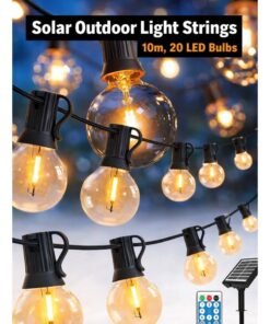 ARNOTEC Solar G40 LED String Lights Outdoor, 10M 20 Bulbs Warm White, Waterproof Garden Patio Decorative Lights with Solar Panel Stand, Remote Control & USB Charging
