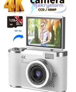 Makrystorm 4k CCD Digital Zoom Student Digital Camera 48MP Portable Digital Photography Camera 180° Flip Screen Selfie Camera，with 128GB SD card