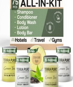 Terra Pure Hotel Soaps and Toiletries Bulk Set | 1-Shoppe All-In-Kit Amenities for Hotels | 1oz Hotel Shampoo & Conditioner, Body Wash, Body Lotion & 1.25oz Bar Soap Travel Size Toiletries | 75 Pieces