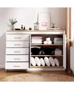 Chest of Drawers, Wooden Storage Cabinet with 5 Dawers and 2 Doors for Household Items and kitchenware, Modern Drawer Storage Cabinet for Living Room Dining Room and Bedroom, DG100 (White) - Image 3