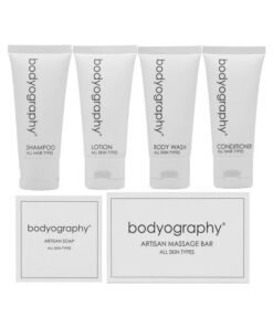 World Amenities - Bodyography Blanc Mini Travel Size Toiletries Bathroom Kit | Vanilla White Tea| Shampoo, Conditioner, Body Wash, Lotion, Artisan Soap and Massage Bar