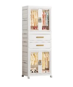 Ollieroo Plastic Modular Storage Cabinet – PP/PET/ABS 2-Wardrobe and 2-Drawer Combo with Hanging Rod and 6 Hangers (Colors Random), Lockable Swivel Wheels, Pre-Installed Handles, and Magnetic Doors for Bedroom, Closet, or Living Room, 54 × 34 × 158 cm