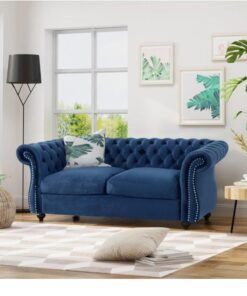 Wooden Twist Regal Premium Solid Wood Velvet Fabric Flared Arm Loveseat 2 Seater Sofa ( Blue )