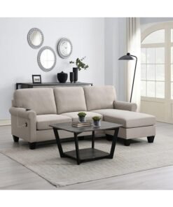 Home Box Angelton Reversible Corner 3 Seater L Shaped Beige Fabric Sofa with USB Port 147 x 88.5 x 214 cm