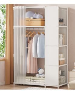 XiuWoo Portable Wardrobe Storage Closet Clothes Storage Cabinet with Curtain Clothes Rack Multifunctional Storage Clothes Hanging Multi-Layer Shelving for Living Room Bedroom
