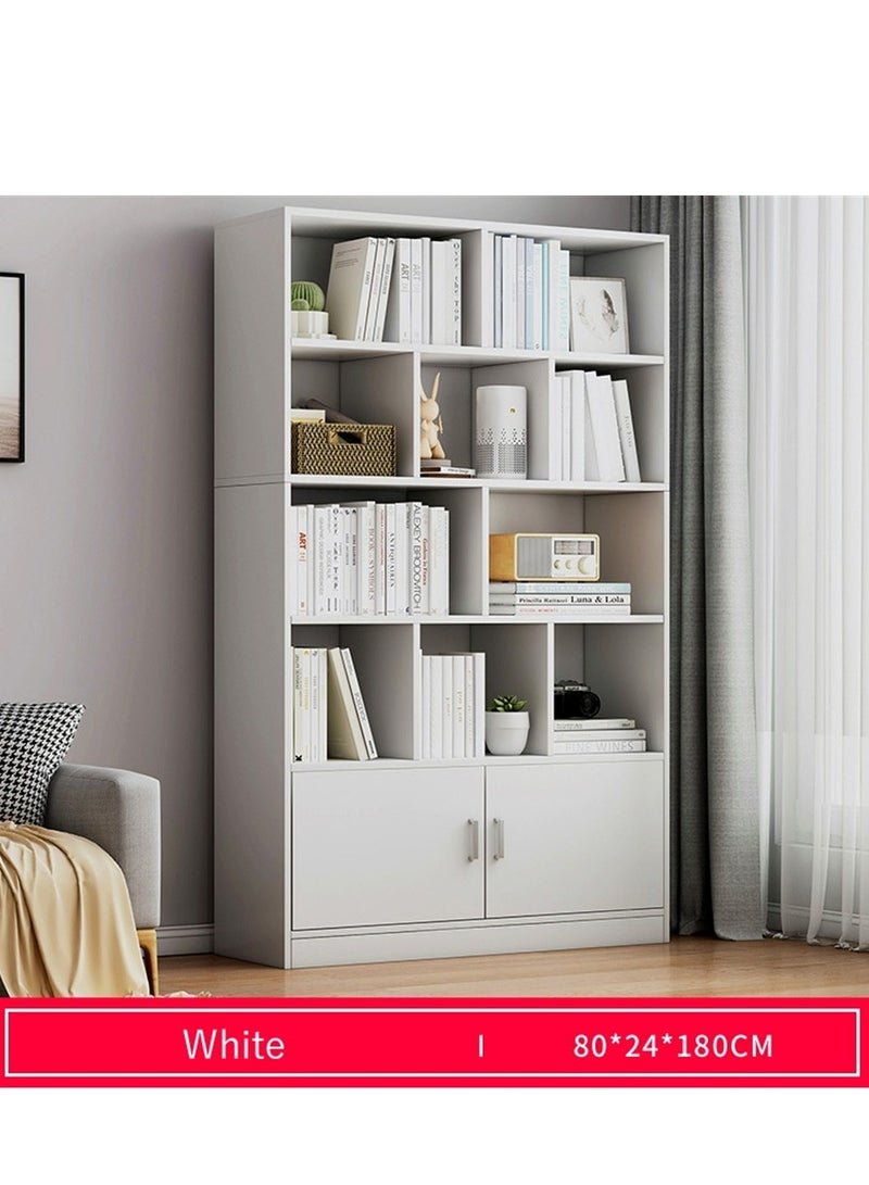 Multipurpose Wooden Bookshelf, Multi-Tier Storage Display Rack Freestanding Floor Shelf Bookcase, Modern Storage Rack Cube Display Shelve Organize Cabinet for Home Office and Living Room (White, 80*24*180 cm)