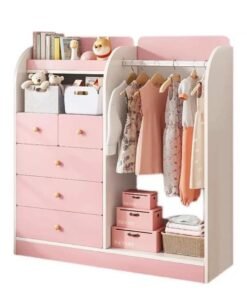 Kids Wardrobe Children Clothes Cabinet Storage Rack Kids Wardrobe Closet Baby Cupboard Wooden Cabinet with 5 Drawers and Hanging Area for Clothes Storage Organizer Modern Closet( 120*40*125cm,Pink) ﻿