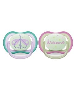 Philips Avent Soother Ultra Air Nighttime 0-6M For Girls, 2 Pieces | No.1 Brand Recommended by Moms Worldwide | Glows in the dark | Light | Breathable |BPA free |Orthodontic with Sterilization Case