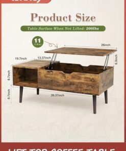 LENND Wooden Coffee Table, Lift Top Coffee Table with Large Hidden Compartment and Ample Storage Shelf, Lift Tabletop Dining Table for Living Room, Home Small Space, Rustic