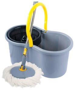 Esqube 360 Degree Spin Mop Set With Additional Refill, Telescopic Handle, Microfiber Mop Head Assorted With Drain Plug Grey/Yellow 25Liters