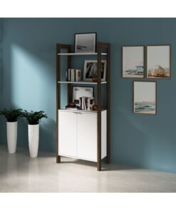 DANUBE HOME Lean Tall Display Cabinet With 2 Doors Modern Design Wooden Organiser Cupboard Multifunctional Display Rack Bookcase For Home Office L 65x35.5x165.5 Cm White/Walnut