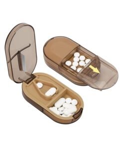 HY Pill Cutter, Portable Pill Splitter 2-in-1 Pill Case with Stainless Steel Blade, for Vitamins Tablets, Cut Pills in 1/2, 1/4 with Mini Pill Organizer Compartment – Transparent Brown