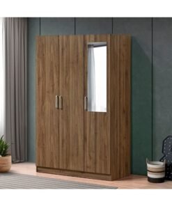 DANUBE HOME Supreme 3-Door Swing Wardrobe with Mirror – Light Walnut Finish – Spacious Bedroom Storage Cabinet with Hanging Rod & Shelves – Modern Wardrobe for Bedroom, Living Room, Hallway – Stylish Wooden Wardrobe for Home Organization