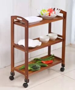 LINGWEI Bamboo Kitchen Wooden Serving Trolley Rolling Storage Cart with Movable Wheels Utility Wood Storage Rack Shelf Food Storage Trolley Console Table Food Cart