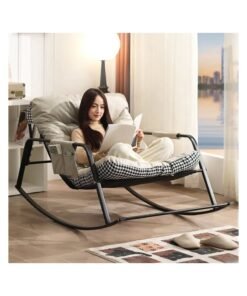 Organized Home Oversized Lounge Rocker Chair with Padded Cushion Side Pocket and Metal BaseOutdoor Lazy Chair for Backyard Garden Front Porch Patio Living Room (Off-Gray)