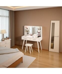 Bedroom Dresser and Stool Set, White Makeup Vanity Table for Girls with LED Light Mirror + 2 Drawers & Storage Shelves, 3 Light Modes Adjustable Brightness Dressing Desk - Image 3