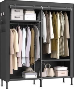 Songmics Wardrobe Closet, 65 Inch Heavy Duty Portable Closet, Freestanding Closet Organizer, Clothes Rack With Cover, 2 Hanging Rails, 3 Shelves,4 Side Pockets,Black 165x45x190 cm