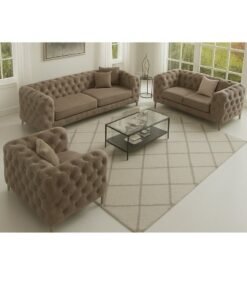 Maharat Al Bahar Maharat Furniture Luxury Chesterfield Sofa Set – 3-Piece Mink Tufted Velvet Living Room Set with Armchair, Loveseat & Sofa – Elegant Modern Design with Metal Legs