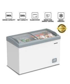 NIKAI Double Door Glass Chest Freezer With Storage Basket, High Energy Efficiency Cooling System, Adjustable Temperature, Silent Operation, For Home And Restaurants 380 L 1200 W NCF400GL1 White