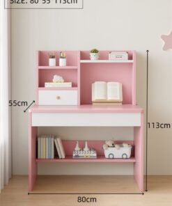 Kids Study Desk, Wooden Students Writting Table with Bookshelf and Storage Cabinet, Computer Table Office Desktop with Documents Storage Shelving Rack for Home Writting Reading and Office PC Notebook Working (Pink, YN118) - Image 3