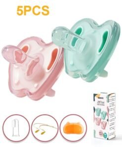 BBMORE 5PCS Baby Pacifier Silicone Daytime & Nighttime Set with a Storage Case, 2 Lanyards & 1 Finger Brush, BPA-Free, Easy to Clean & Ultra-Light, Suitable for 0-6 Months, Green and Pink