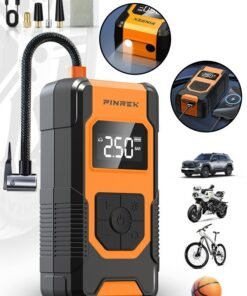 PINREK Digital Car Tyre Inflator Air Compressor, 22mm Cylinder Portable Electric Tire Inflator With 7800mAh Battery Power Bank/Auto Stop/LED Light/LCD Screen, 150 PSI Fast Inflation Cordless Air Pump for Car Motorcycle Bicycle Ball Air Mattress