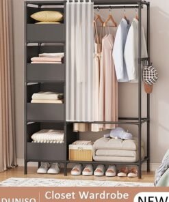 DUNISO Clothing Storage Cabinet with Curtain, Portable Wardrobe Storage Closet with 4 Hooks,4 Storage Box and Top 1 Crossbars, Coat Rack Freestanding with Shelves, for Living Room, Bedroom, Clothes Room