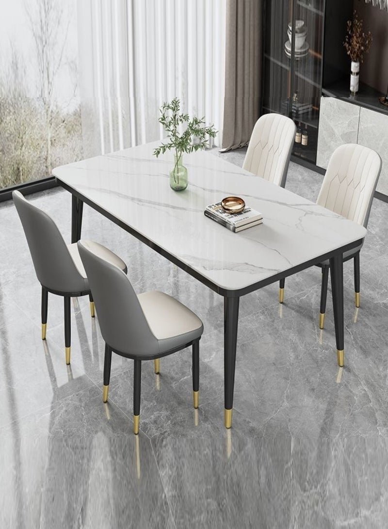fashionhome Modern Multipurpose Industrial Standard Rectangle Sintered Artificial Stone Rock Plate Tabletop Dining Table and 4 Concave Curve Chair Set for Kitchen Restroom 120 x 60 x 75 and 40 x 42 x 86 Centimeter