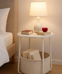 Lovstro White Side Table, Bedside Table Nightstand with Storage Basket – Modern Wood & Metal End Table for Living Room or Bedroom – 44×44×49 cm