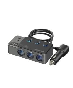 porodo 120W Car Charger HUB Triple Port Lighter Socket / PD 35W & QC 18W Fast Charging / Triple USB-A & Dual USB-C Ports / Real Time Voltage Display / Independent Power Switch - Dark Grey