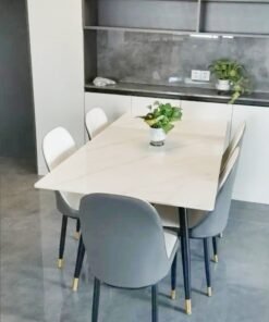 Raffine Modern Multipurpose Industrial Standard Rectangle Sintered Stone Dining Table and 4 Concave Curve Chair Set for Kitchen Restroom Metal and Marble 120 x 60 x 75 and 40 x 42 x 86 Centimeter