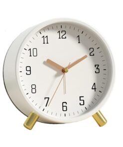 DUNISO Alarm Clock with Backlight, Bedside Analog Non-tick Silent Small Table Clock with Arabic Numerals, Battery Powered, Suitable for Living Room, Bedroom (White)