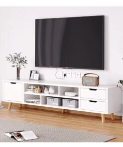 TV Table TV Cabinet TV stand with 4 Drawers and 4 Open Partition Storage Solid Wood Leg TV Cabinet ,Storage Cabinet for Office Living Room Bedroom(Warm White)