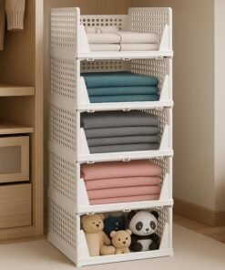 JD FRESH 5 Pieces Stackable Wardrobe Organizer for Storage/Foldable Cupboard Organiser for Clothes/Polypropylene Multipurpose Space Organizer Rack/Adjustable Sliding Drawer - White