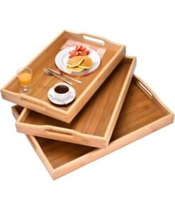 MOMENT 3-Piece Bamboo Wooden Serving Trays, Wooden Tray With Handles, Set Of 3 Bamboo Nesting Trays, Large, Medium And Small Trays For Food- Good For Parties Or Bed Tray