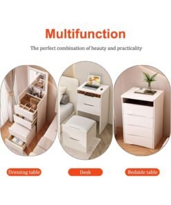 CityRiya-Long Vanity Desk with Flip Top Mirror and LED Lights, 3 Drawers Small Makeup Dressing Table with Cushioned Storage Stool, Space Saving Compact Vanity Set for Bedroom（SZZ007） - Image 4