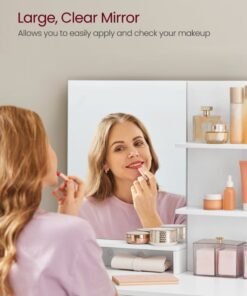 VASAGLE Dressing Table, Vanity Table with Large Mirror, Cabinet with 2 Adjustable Shelves, 1 Drawer, 2 Open Shelves, Modern Makeup Table, White - Image 4