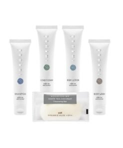 Terra Pure Infuse Pure White Tea and Coconut Hotel Soaps and Toiletries Bulk Set | 1-Shoppe All-In-Kit for Hotels | 1oz Shampoo & Conditioner, Body Wash, Lotion & 1.25oz Bar Soap | Travel Size 150 Pieces