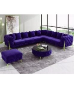 Maharat Al Bahar Luxury Purple Velvet Chesterfield Sofa Set – 6-Seater L-Shaped Sectional Sofa with Golden Legs, Traditional Tufted Design for Elegant Living Room