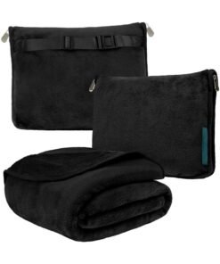 Travel Blanket Pillow, Soft Airplane Blanket Combo Set, Plane Blanket Compact Packable, Flight Essentials Car Pillow, Travelers Gifts Accessories, Luggage Backpack Strap, Black
