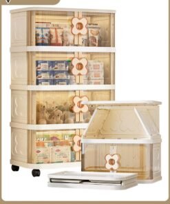 ROCKCAMEL Multifunctional Folding Storage Cabinet, 4 Layer Stackable Plastic Storage Bins with Universal Wheels and Clear Doors, Toy Storage Box, Snacks Locker, Bookcase for Home Office (60*36*118CM)