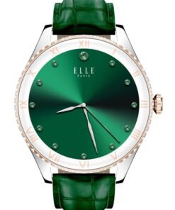 ELLE Soleil Women’s Smartwatch 1.19'' AMOLED, Bluetooth Calling, Multilingual, Wireless Charging, Fitness Tracking, IP68, iOS/Android Compatible, Silver Frame & Green Leather Starp + 2 Premium Straps