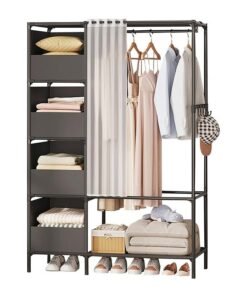 Simple Wardrobe Floor-To-Ceiling Rental House Storage Household Foldable Bold Steel Pipe Assemble Wardrobe Black