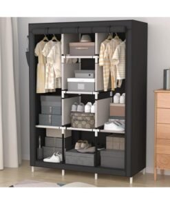Portable wardrobe organizer with 6 storage shelves, 2 hanging sections, and 4 side pockets