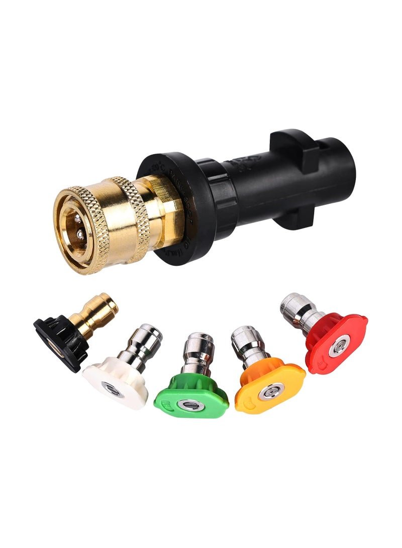 RATSAW Brass Pressure Washer Gun Adapter A Quarter Inch Quick Connect Adapter Fitting For Karcher K2 To K7 Series Pressure Washer Adapter With 5 Power Washer Spray Nozzle Tips Multiple Degrees