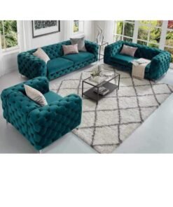 Maharat Al Bahar Maharat Furniture Luxury Chesterfield Sofa Set – 3-Piece Emerald Green Tufted Velvet Living Room Set with Armchair, Loveseat & Sofa – Elegant Modern Design with Metal Legs