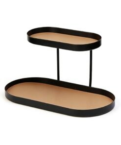 HOMESTAR 2-Tier Wrought Iron Countertop Organizer Tray, Black Oval Decorative Storage Box for Bathroom, Desk, Office & Kitchen - Rust-Resistant