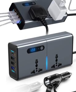 Topleo 200W Car Power Inverter DC 12V To 220V AC Car Inverter With 3 USB (2.4A + 1.2A + QC3.0 + Type-C) & 2 AC Outlets For Laptop Car Plug Adapter Car Power Inverter Car Charger Fast Charger LED Display Cigarette Lighter Connector, Perfect For Cars, SUVs & Trucks(Silver gray)